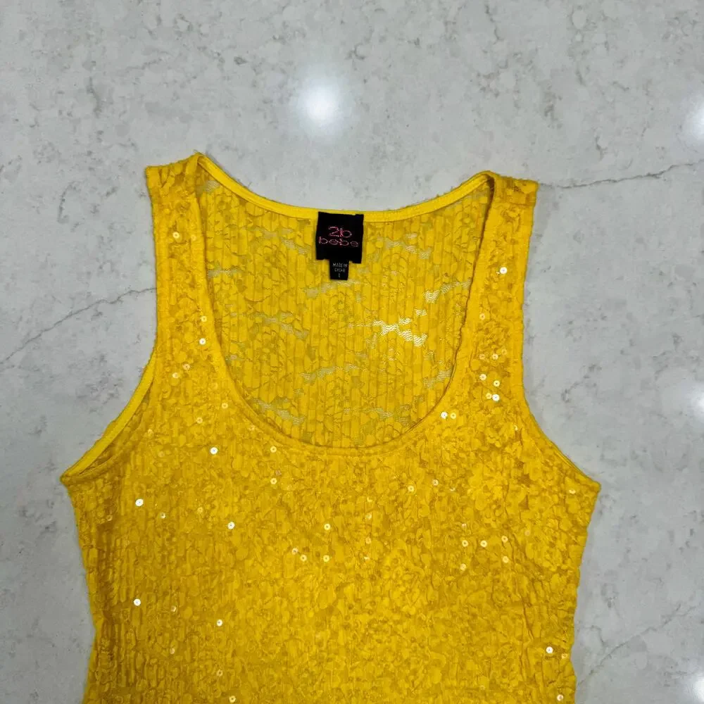 bebe Lace Sequin Tank Top Yellow Women's Large Y2K McBling Floral Clubwear 2000s - Picture 6 of 16